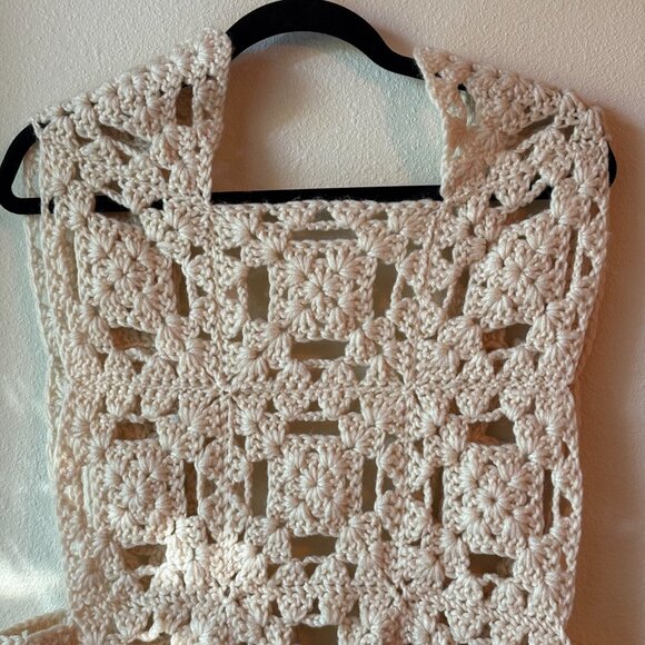 VTG 70s Handmade Crochet Vest Crochet Sweater Vest Granny Square Size L Cream - Picture 4 of 7
